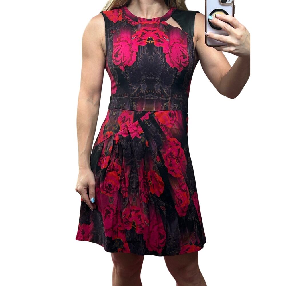 Vintage Nanette Lepore 2000s Digital Floral Leather Mini Dress Size 2 XS